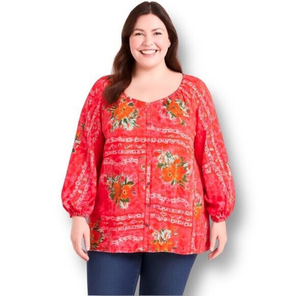 Lauren Conrad 3X Red Floral Boho Peasant Blouse Button Front Cottagecore Top - Picture 1 of 9